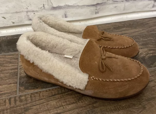 FitFlop Womens Size 9 Slippers Tan Clara Shearling Suede Moccasin House Shoes
