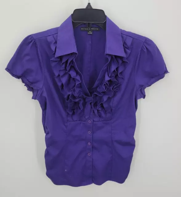 Antonio Melani Top Womens Medium Purple Ruffled Short Sleeve Button Front Blouse