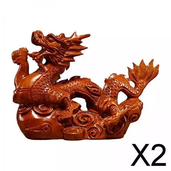 2x Statue de Dragon Chinois Sculpté En Bois, Ornement Fengshui, Sculpture de