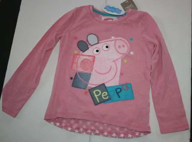 New Girls 5 6 year Peppa Pig Top Shirt Applique on Front Star Print Back Pink