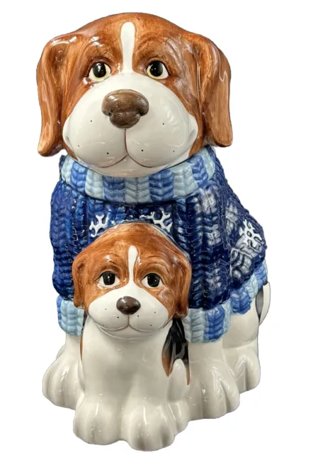 Ceramic Dog and Puppy Cookie Jar in Blue Knit Snowflake Sweater by Mercuries