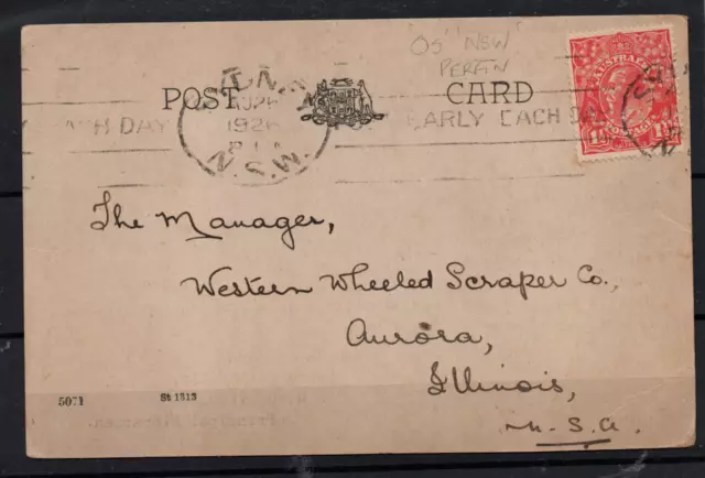 Australia 1926 1 1/2d OS NSW Perfin on Postcard to USA WS36718