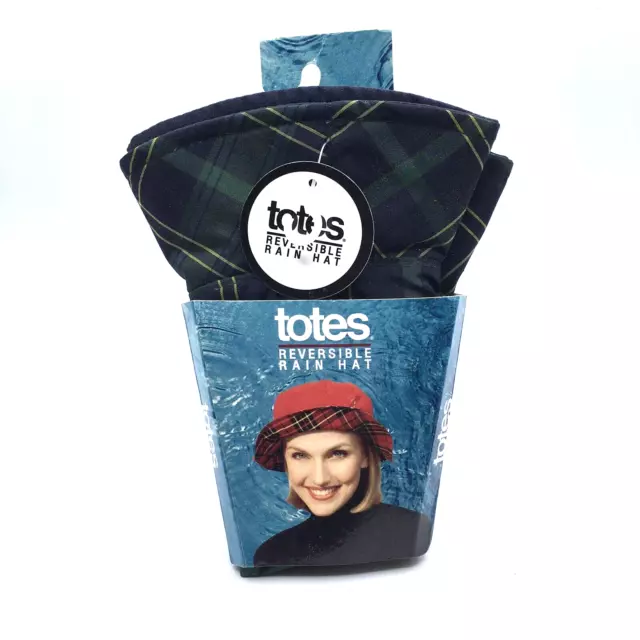 Totes Reversible Rain Bucket Hat Water Repellent Blue Green Plaid Blue OSFM New