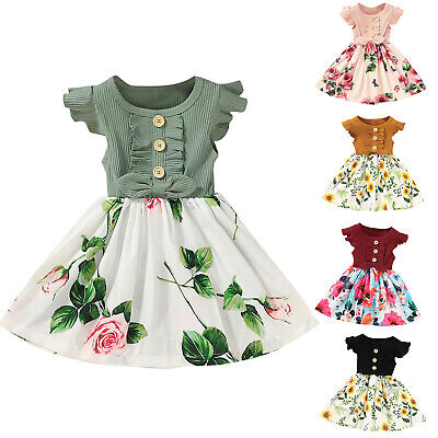 Toddler Kids Baby Girls Fly Sleeve Bow Ribbed Floral Dress Party Princess Dress