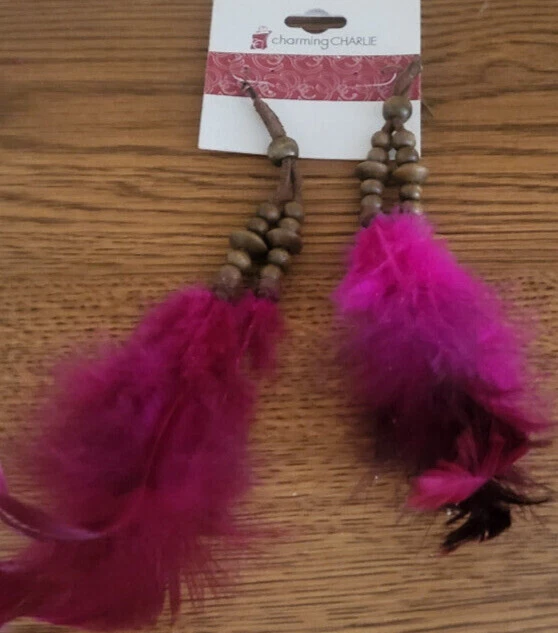 Charming Charlie Ostrich Feather Fushia Long Drop Dangle Earrings-Xxlarge