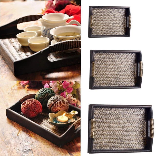 Plateau De Service En Bois Incrusté Céramique - Style Rajasthani, Peint Main, 21,5x21,5x6,5 Cm