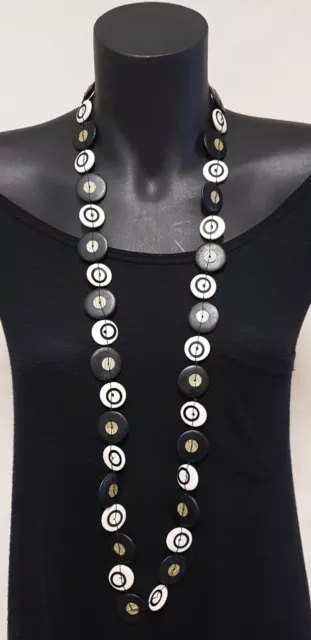 Black & White flat wood bead strand necklace Black sequin & shell detail Fashion