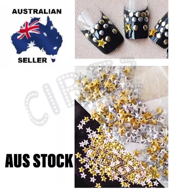 200x Nail Art Gems Metal Studs Flat Bead Star Gold Silver Mixed DIY Nails Tools