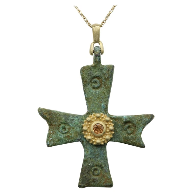 Antik Anhänger Römische Byzantiner Kreuz 18K Gold & Saphir Antik Kreuz #16