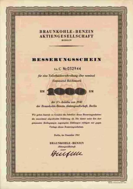 Braunkohle Benzin 1963 Berlin BRABAG VEB Schwarzheide 1000 RM Besserungsschein C