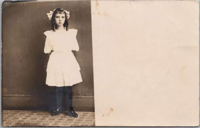 1910s RPPC Real Photo Postcard Shy Little Girl in White Dress / Studio Portrait