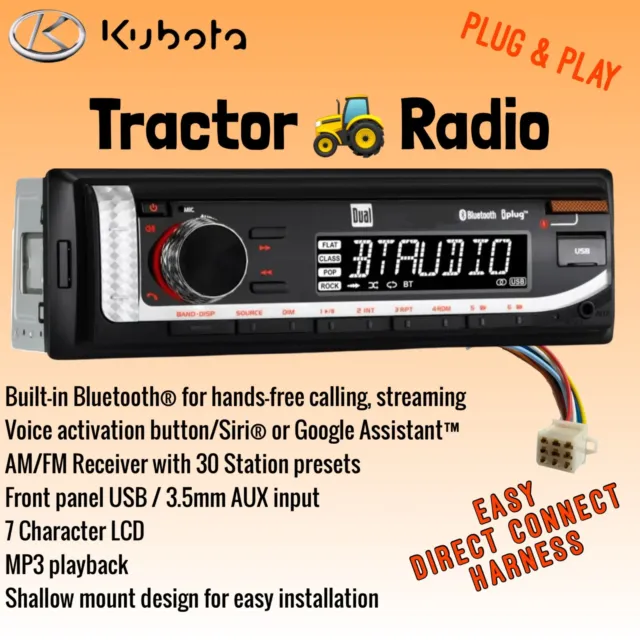 Direct Plug & Play Kubota M100GX, M110GX Tractor Radio AM FM Bluetooth Voice USB