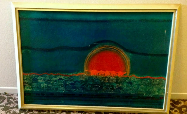 NISSAN ENGEL Stunning Sunset Painting Board Mystical City Framed Art Signed NYGS NISSAN ENGEL Stunning Sunset Painting Board Mystical City Framed Art Signed NYGS