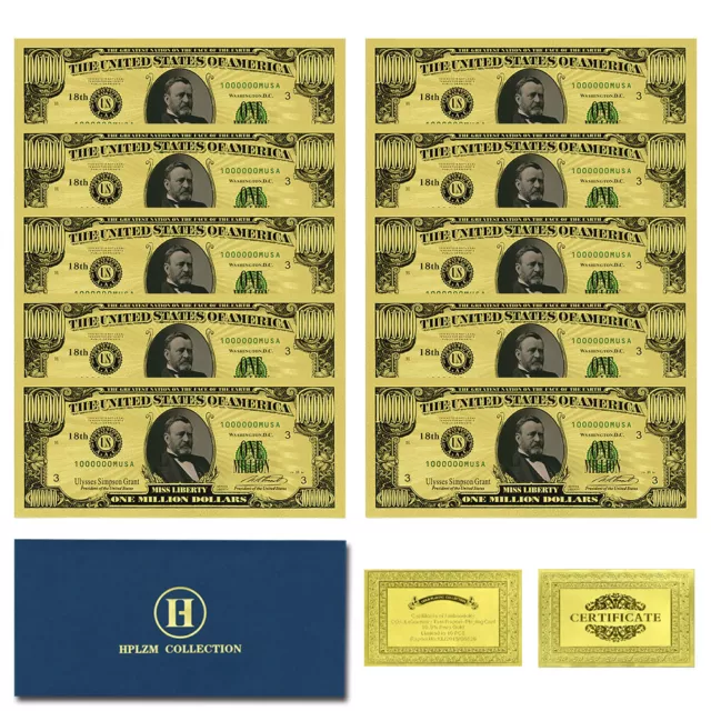 10pcs In Envelope US 18th President Gold Banknotes Ulysses S. Grant One Million