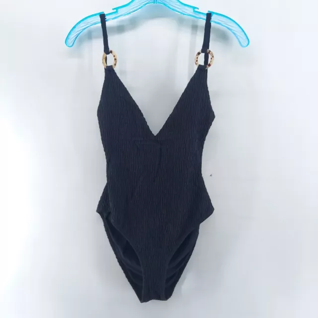 Topshop One Piece Swimsuit women's size 8 black Crinkle deep v neck back open