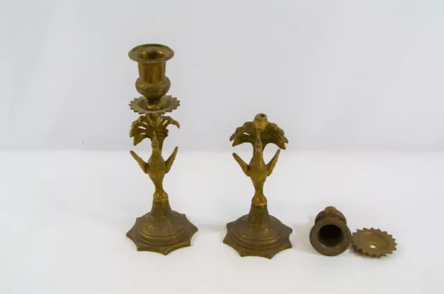 Solid Brass Peacock Candlestick Pair Vtg Figural Birds Middle Eastern 9"