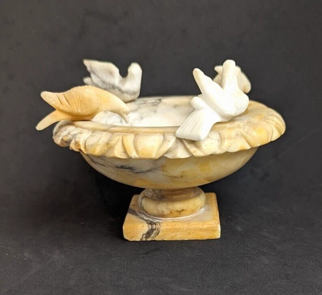 Mid-Century Italian Carved Alabaster Marble Bird Bath w/ 4 Birds Vintage 6" x 3"