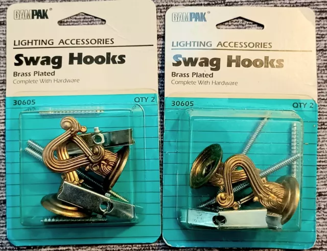 2 Pair (4) Brass Plated Ceiling Swag Hooks for Lights, Hanging Plants, New