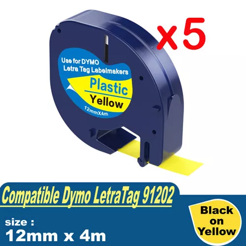 5x Generic LetraTag Plastic Tape for Dymo 91202 Black on Yellow 12mmX4m SD91202