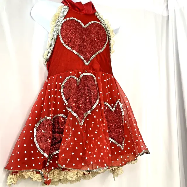Child Red Silver Polka Dot Sequin Heart Lace Dance Costume Sz Small Vintage 70s