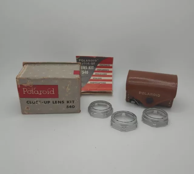 Kit de lentes de primer plano Polaroid 540 de colección con estuche de cuero, cinta métrica y caja