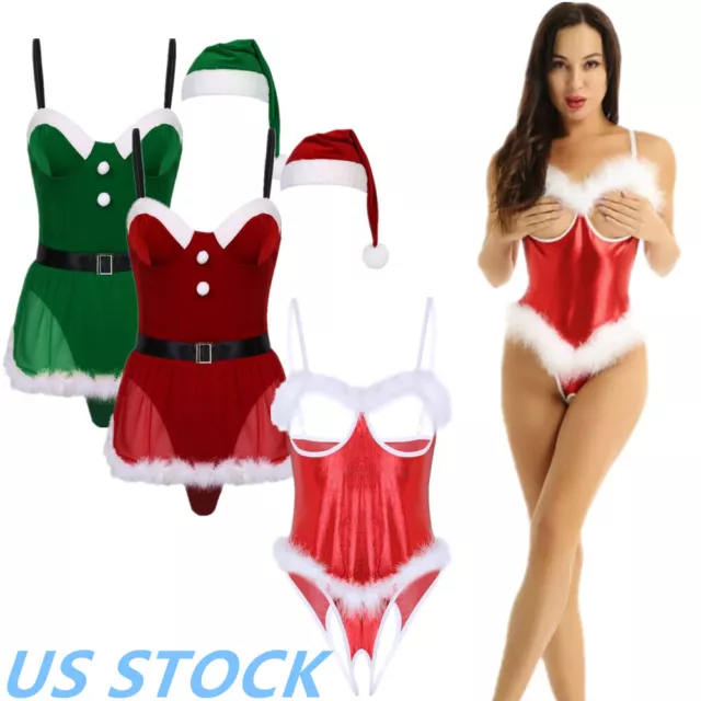 US Women Christmas Feather Trim Teddy Bodysuit Xmas Santa Claus Costume Outfit