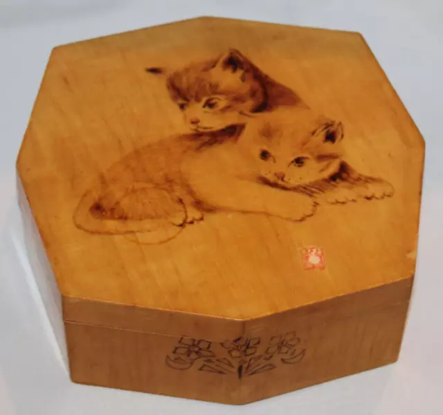 vintage wooden octagonal trinket keepsake jewelry box with kittens on lid