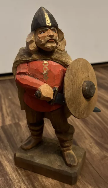 Henning Norway - Handcarved Wood Viking Standing w/ Sword & Shield 8” - SIGNED