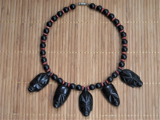 Vintage Tiki Necklace Wooden Beads w/Plastic Tiki Pendants 16 3/4"