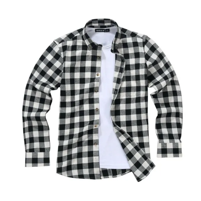 Mens Flannel Casual Shirt Lumberjack Tartan Vintage Black White Plaid Size S-3XL