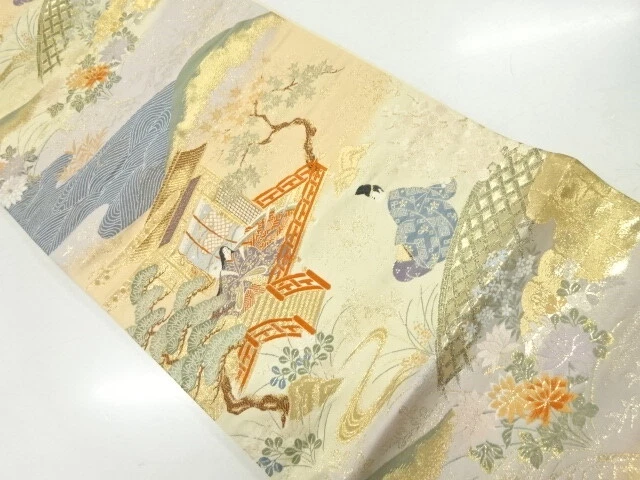 45235# Japanese Kimono / Antique Fukuro Obi / Woven Juni Hitoe Motif