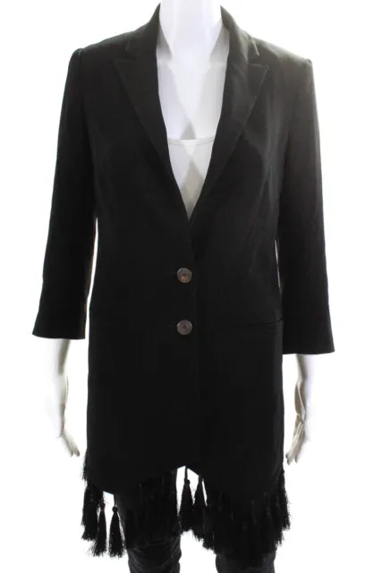 Nisse Womens Woven Tassel Notched Collar Button Up Jacket Blazer Black Size 2