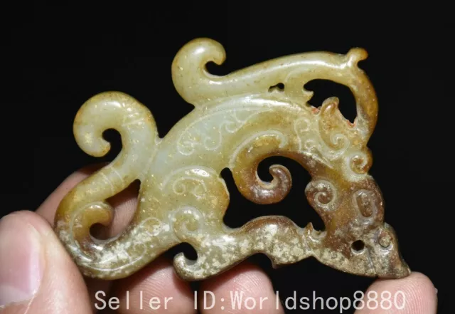 2.2" Old Chinese Hetian Jade Carved Fengshui Dragon Beast Jade Bi Amulet Pendant