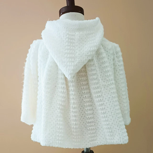 Vintage Crochet Hooded Baby Sweater 6-9M White 4 Button Double Breast Closure