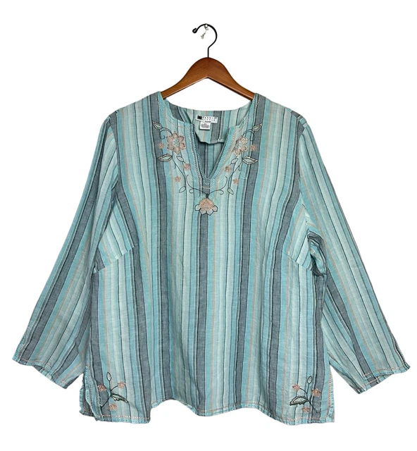 Carol Little Woman Linen Top Blue Striped Floral Embroidered Woven Blouse 2X