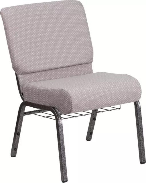 21'' Wide Gray Dot Fabric Church Chair with Book Rack and Silver Vein Frame