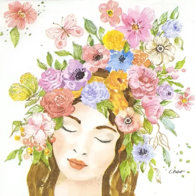 R087# 3x Single Paper Napkins For Decoupage Girl Lady Woman Head With Flower Cap