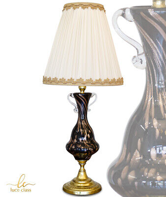 lampada da tavolo classica vetro Murano manic e ottone con paralume seta plissé.