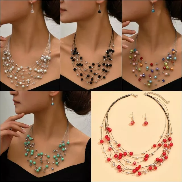 Women 925 Silver Plated Pearl Necklace Drop Dangle Earrings Wedding Jewelry Set