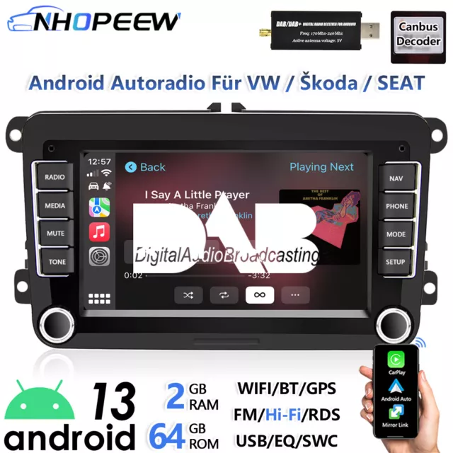 DAB+ 2+64G Carplay Android Radio Für VW Golf 5 6 Polo 6R Touran Passat Navi WIFI