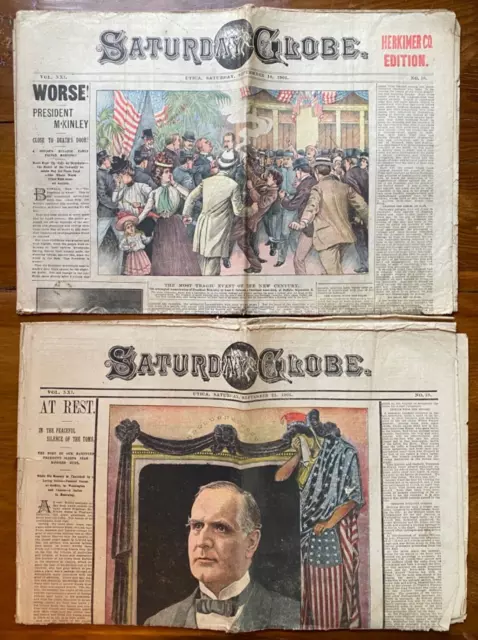 2 RARE in color  front page utica Saturday Globe  1901 McKinley Death,  Funeral