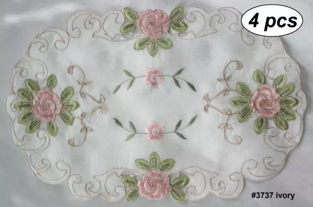 Spring Embroidered Pink Rose Floral Sheer Placemat Tray Cloth 11x17" 4PCS 3737W