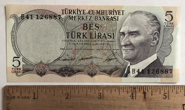 1968 Turkey 5 Lira Banknote - Excellent Condition