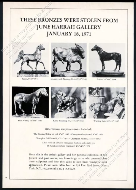 1971 June Harrah stolen bronze horse donkey sculpture 6 photo vintage print ad