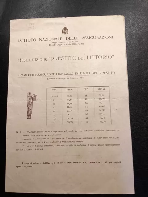 Fascismo - Prestito Del Littorio Istituto Nazionale Assicurazioni  Rovigo 1927