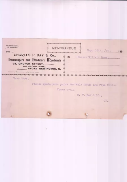 Charles F. Day & Co., Ironmongers & Hardware, Stoke Newington 1899 Memo Ref 47998