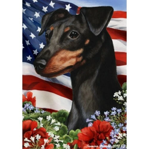 Patriotic (1) House Flag - Uncropped Black and Tan Miniature Pinscher 16084