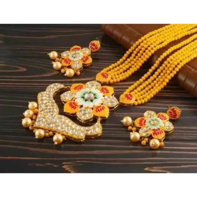 Indian Bollywood Gold Plated Kundan Bridal Long Crystal Necklace Jewelry Set