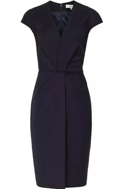 REISS Fenton Wool Navy Blue Wrap V Neck Shift Work Formal Dress UK 8 EU 36 US 4