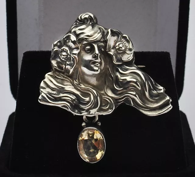 Unger Bros Sterling Silver Art Nouveau Flower Lady  Brooch w / watch pin